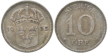 Швеция 10 эре 1935 G, Густав V (1907-1950) KM 780 серебро 4179-622