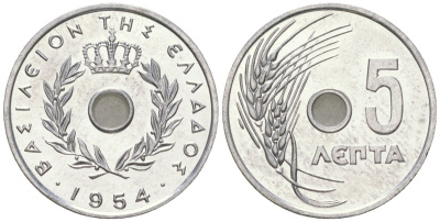 Греция 5 лепт 1954 Павел I (1947-1964), колосья KM 77 алюминий UNC 4615-1047