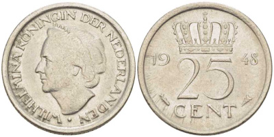НИДЕРЛАНДЫ 25 ЦЕНТОВ 1948 ВИЛЬГЕЛЬМИНА (1890-1948) KM 178 никель 211-667