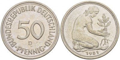 ФРГ 50 ПФЕННИГОВ 1981 D KM 109.2 J 384a медно-никель 3996-1014