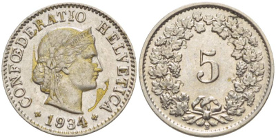 ШВЕЙЦАРИЯ 5 РАППЕНОВ 1934 В KM 26 медно-никель 4532-932