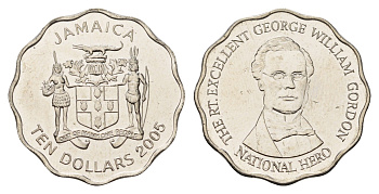 Ямайка 10 долларов 2005 KM 181 сталь плакированная никелем UNC 4163-943