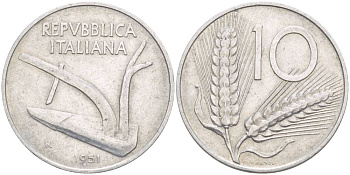 ИТАЛИЯ 10 ЛИР 1951 R, КОЛОСЬЯ, ПЛУГ KM 93 алюминий 4551-151