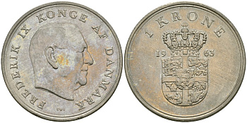 Дания 1 крона 1963 Фредерик IX (1947-1972) KM 851.1 медно-никель 4579-316