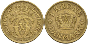 ДАНИЯ 1 КРОНА 1940 N; GJ, КРИСТИАН X (1912-1947) KM 824.2 алюминиевая бронза 38-426