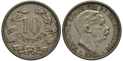 ЛЮКСЕМБУРГ 10 САНТИМОВ 1901 ВЕЛИКИЙ ГЕРЦОГ АДОЛЬФ (1890-1905) КМ 25 медно-никель 4538-713