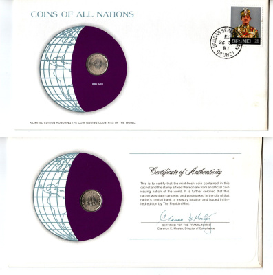 Бруней 5 сенов 1981 конверт с маркой первого дня гашения, Coins of Nations KM 16 медно-никель UNC 4294-4-1