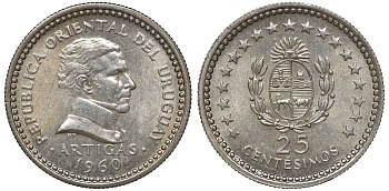 Уругвай 25 сентесимо 1960 KM 40 медно-никель 4169-1036