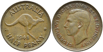 Австралия 1/2 пенни 1948 m, Георг VI (1937-1952), кенгуру KM 41 бронза 4390-723