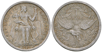 Французская Новая Каледония 1 франк 1988 птица кагу, (IEOM) KM 10, Schoen 10, Lec 48 алюминий 51-3642