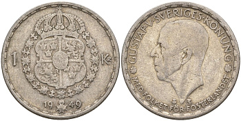 Швеция 1 крона 1949 TS, Густав VI Адольф (1950-1973) KM 814 серебро 4148-1114