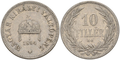 Венгрия 10 филлеров 1894 KB, Франц Иосиф I (1848-1916) KM 482 никель 4151-1054