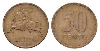 Литва 50 центов (сентов) 1991 год-тип KM 90 бронза 4701-1235