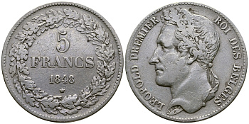 Бельгия 5 франков 1848 Леопольд I (1831-1865), в венке KM 3.2 серебро 74-834