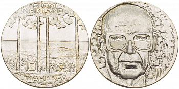 Финляндия 10 марок 1975 S-H, 75 лет президенту Урхо Кекконену KM 54 серебро UNC 1515-1534