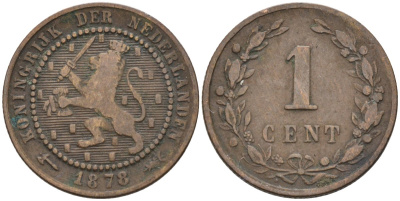 Нидерланды 1 цент 1878 Виллем III (1849-1890) KM 107 бронза 4576-527