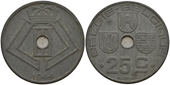 Бельгия 25 сантимов 1944 Belgie - Belgique, Леопольд III (1934-1947), германская оккупация, Вторая мировая война KM 132 цинк 4157-621