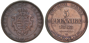 Саксония 5 пфеннигов 1863 В, Йоханн (1854-1873) KM 1218 медь 51-2414