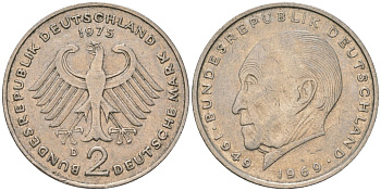 ФРГ 2 марки 1975 D, Конрад Аденауэр, 20 лет Федеративной Республике KM 124 медно-никель 4565-915