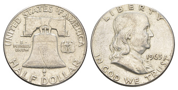 США 1/2 доллара (50 центов) 1963 Бенджамин Франклин, колокол KM 199 серебро    4653-211