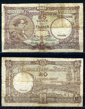 Бельгия 20 франков 1945 19.01.1945, Король Альберт I и его жена Королева Елизавета, Гран-Плас / Гроте Маркт, Брюссель Pick 111 (3) бумага 6301-12-3-2