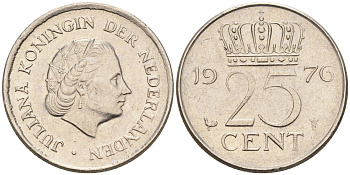 Нидерланды 25 центов 1976 Юлиана (1949-1980) KM 183 никель    4174-664