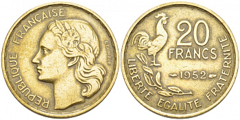 ФРАНЦИЯ 20 ФРАНКОВ 1952 KM 917.1 алюминиевая бронза 77-927