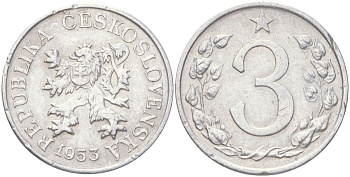 Чехословакия 3 геллера 1953 KM 36 алюминий 4613-1034