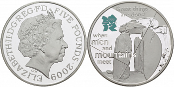 Великобритания 5 фунтов 2009 Елизавета II (1952-2022), XXX летние Олимпийские Игры. Празднование в Британии - Стоунхендж KM 1145, Spink LO38 серебро PROOF 01-173-33