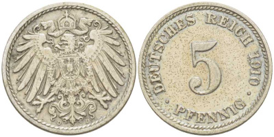Германия 5 пфеннигов 1910 D KM 11, J. 12, Weege 6 медно-никель 206-962