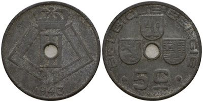 Бельгия 5 сантимов 1943 Belgique - Belgie, Леопольд III (1934-1947), германская оккупация, Вторая мировая война KM 123 цинк 4160-1124