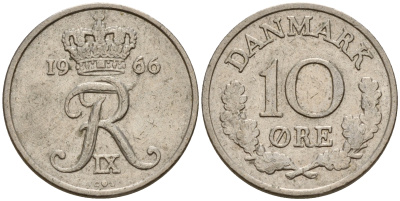 Дания 10 эре 1966 С; S, Фредерик IX (1947-1972) KM 849.1 медно-никель    4602-714