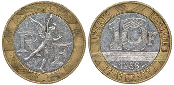 Франция 10 франков 1988 тип гений Бастилии KM 964.1, Le Franc 375.2 биметалл 45-511