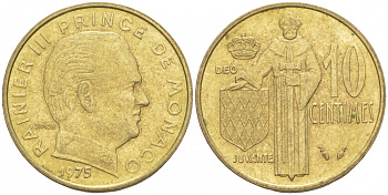 Монако 10 сантимов 1975 Ренье III (1949-2005) KM 142 алюминиевая бронза 73-146
