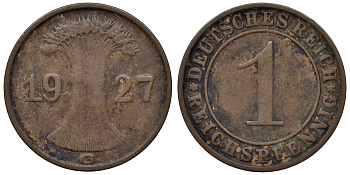 Германия 1 рейхспфенниг 1927 G KM 37, J. 313 бронза 4124-117