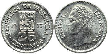 Венесуэла 25 сентимо 1977 Симон Боливар KM 50.2 никель 4392-951