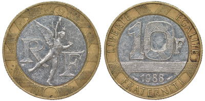 Франция 10 франков 1988 тип гений Бастилии KM 964.1, Le Franc 375.2 биметалл 45-511
