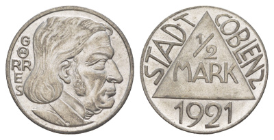 Кобленц 1/2 марки 1921 Funck 80.9A, Men05 4526.18, Men18 5727.18/20 сталь UNC 4637-1137