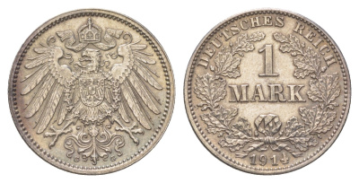 Германия 1 марка 1914 G, Вильгельм II (1888-1918) KM 14, J. 17 серебро 4626-244