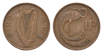 Ирландия 1 пенни 1978 мифологическая птица лира KM 20 бронза 4690-367