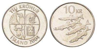 Исландия 10 крон 2004 рыбы KM 29.1a сталь плакированная никелем UNC 4691-245