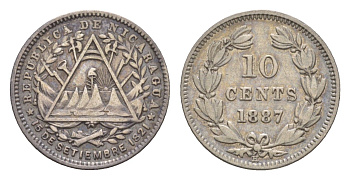 Никарагуа 10 сентаво 1887 год-тип KM 6 серебро 1520-1521