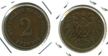 ГЕРМАНИЯ 2 ПФЕННИГА 1905 J KM 16, J.11 медь 701-444