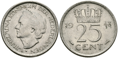 НИДЕРЛАНДЫ 25 ЦЕНТОВ 1948 ВИЛЬГЕЛЬМИНА KM 178 никель 46-1937