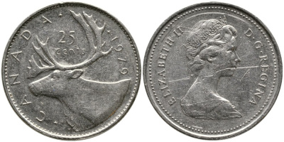 КАНАДА 25 ЦЕНТОВ 1979 ЕЛИЗАВЕТА II (1952-), ОЛЕНЬ, ВТОРОЙ ПОРТРЕТ В КОРОНЕ KM 74 никель 4543-742