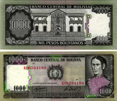 Боливия 1000 песо боливиано 1982 Хуана Асурдуй де Падилья Pick 167a (3) бумага UNC (пресс) 7219-39-3-1