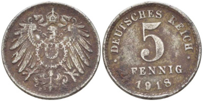ГЕРМАНИЯ 5 ПФЕННИГОВ 1918 E KM 19, J. 297, Weege 5 железо 206-717