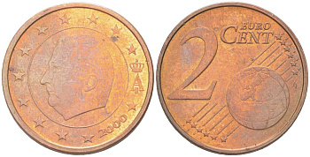 Бельгия 2 евроцента 2000 KM 225 сталь плакированная медью 4614-718