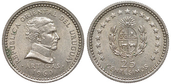 Уругвай 25 сентесимо 1960 KM 40 медно-никель 4580-1141