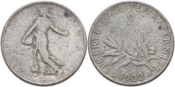 Франция 2 франка 1902 сеятель KM 845.1, Le Franc 266.7 серебро 4513-522